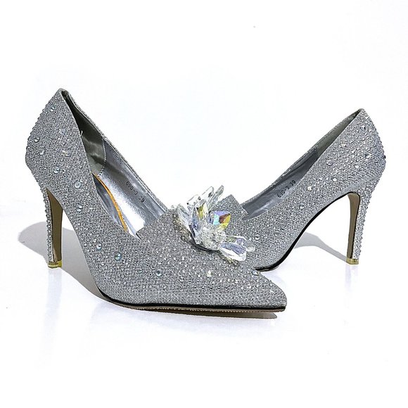 Geyunya Glitter Silver Sparkle Crystal Effect Cinderella Bridal Prom Heels - Picture 3 of 17